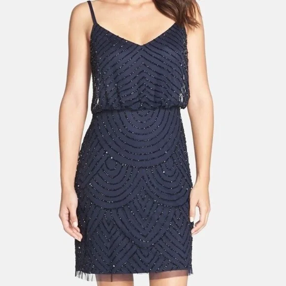 Adrianna Papell Navy Sequin Mesh Blouson Dress